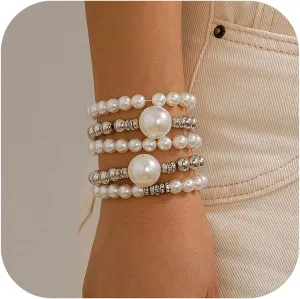 Pearl Bracelet for Women Chunky Fake Pearl Stackable Stretch Bracelet Set Multilayer Gold Beaded Bangles Wedding Bridesmaids Bridal Party Jewelry Gift