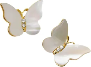 Pearl Butterfly Stud Earrings for Women 14K Gold-Plated with Rhinestone Accents Elegant Timeless Lightweight Dainty Statement Jewelry Gift Idea