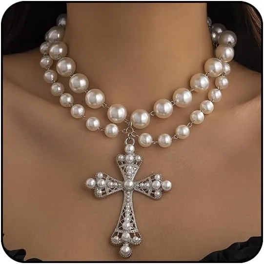 Pearl Cross Necklace Big Cross Pendants Necklaces for Women Chunky Pearl Necklace Gothic Cross Necklace Punk Vintage Cross Jewelry Women