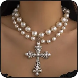 Pearl Cross Necklace Big Cross Pendants Necklaces for Women Chunky Pearl Necklace Gothic Cross Necklace Punk Vintage Cross Jewelry Women