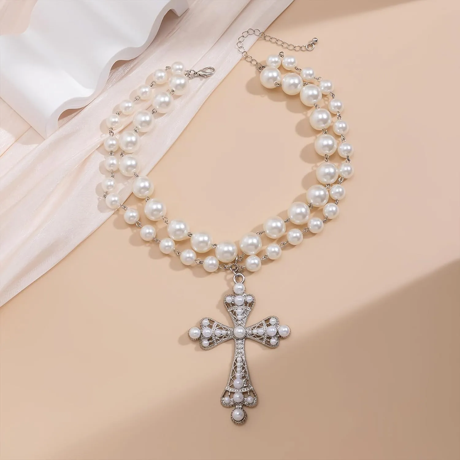 Pearl Cross Necklace Big Cross Pendants Necklaces for Women Chunky Pearl Necklace Gothic Cross Necklace Punk Vintage Cross Jewelry Women