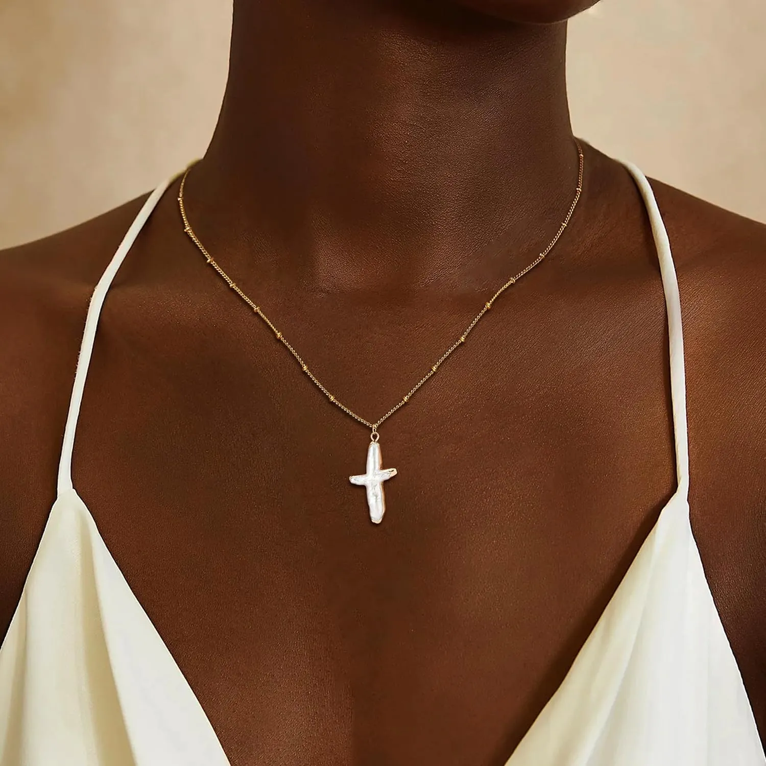 Pearl Cross Necklace Chunky Pearl Necklaces for Women Dainty Gold Cross Pendant Necklace Freshwater Baroque Pearl Necklace Christian Faith Gifts