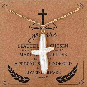 Pearl Cross Necklace Chunky Pearl Necklaces for Women Dainty Gold Cross Pendant Necklace Freshwater Baroque Pearl Necklace Christian Faith Gifts
