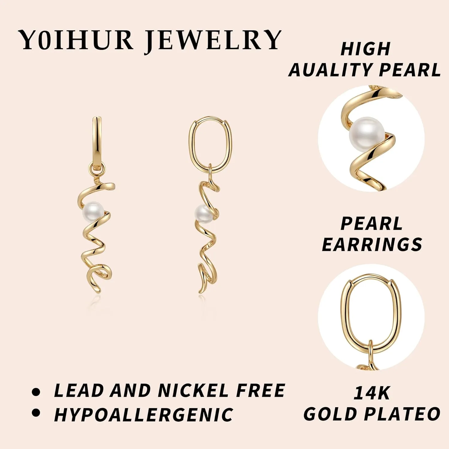 Pearl Earrings for Women, 14K Gold Plated Pearl Drop Dangle Earrings Zircon Pearl Stud Earrings Trendy Hypoallergenic Wedding Gold Hoop Earrings for Women Bridesmaid Jewelry Gift