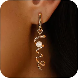 Pearl Earrings for Women, 14K Gold Plated Pearl Drop Dangle Earrings Zircon Pearl Stud Earrings Trendy Hypoallergenic Wedding Gold Hoop Earrings for Women Bridesmaid Jewelry Gift