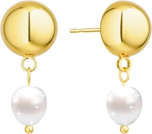 Pearl Earrings for Women - Dainty Gold Earrings Trendy 14K Gold Plated Freshwater Pearl Dangle Hoop Stud Earrings for Women Wedding Jewelry Gift for Women