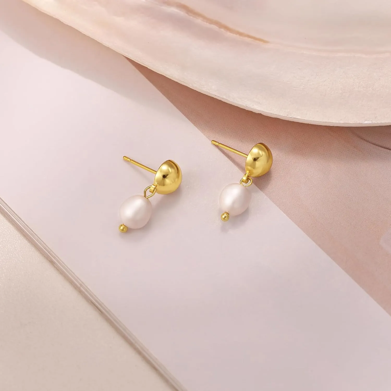 Pearl Earrings for Women - Dainty Gold Earrings Trendy 14K Gold Plated Freshwater Pearl Dangle Hoop Stud Earrings for Women Wedding Jewelry Gift for Women