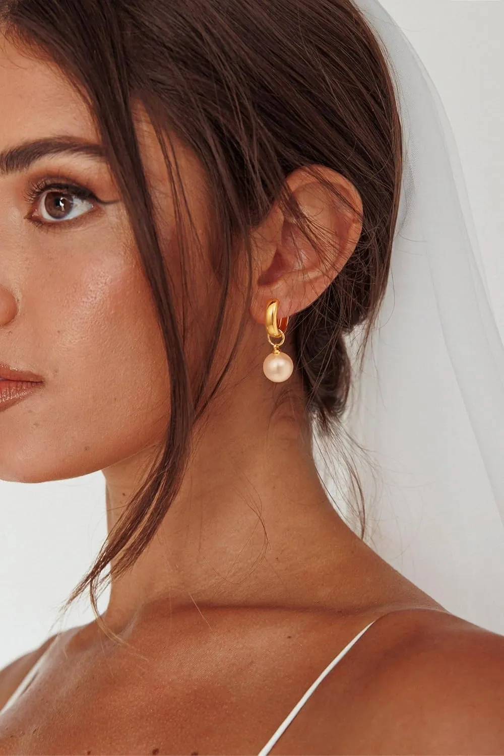Pearl Earrings for Women - Dainty Gold Earrings Trendy 14K Gold Plated Freshwater Pearl Dangle Hoop Stud Earrings for Women Wedding Jewelry Gift for Women