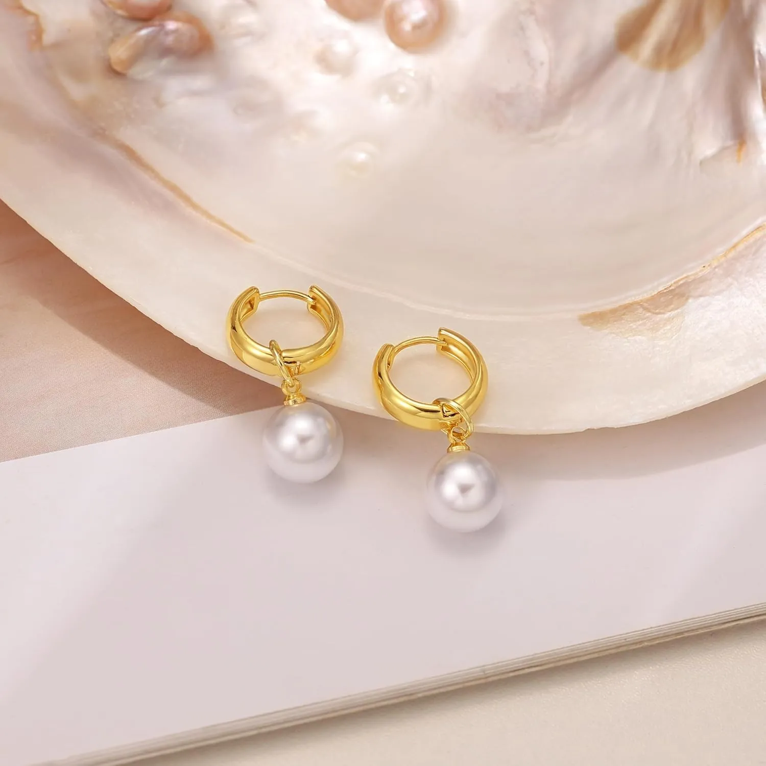 Pearl Earrings for Women - Dainty Gold Earrings Trendy 14K Gold Plated Freshwater Pearl Dangle Hoop Stud Earrings for Women Wedding Jewelry Gift for Women