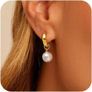 Pearl Earrings for Women - Dainty Gold Earrings Trendy 14K Gold Plated Freshwater Pearl Dangle Hoop Stud Earrings for Women Wedding Jewelry Gift for Women