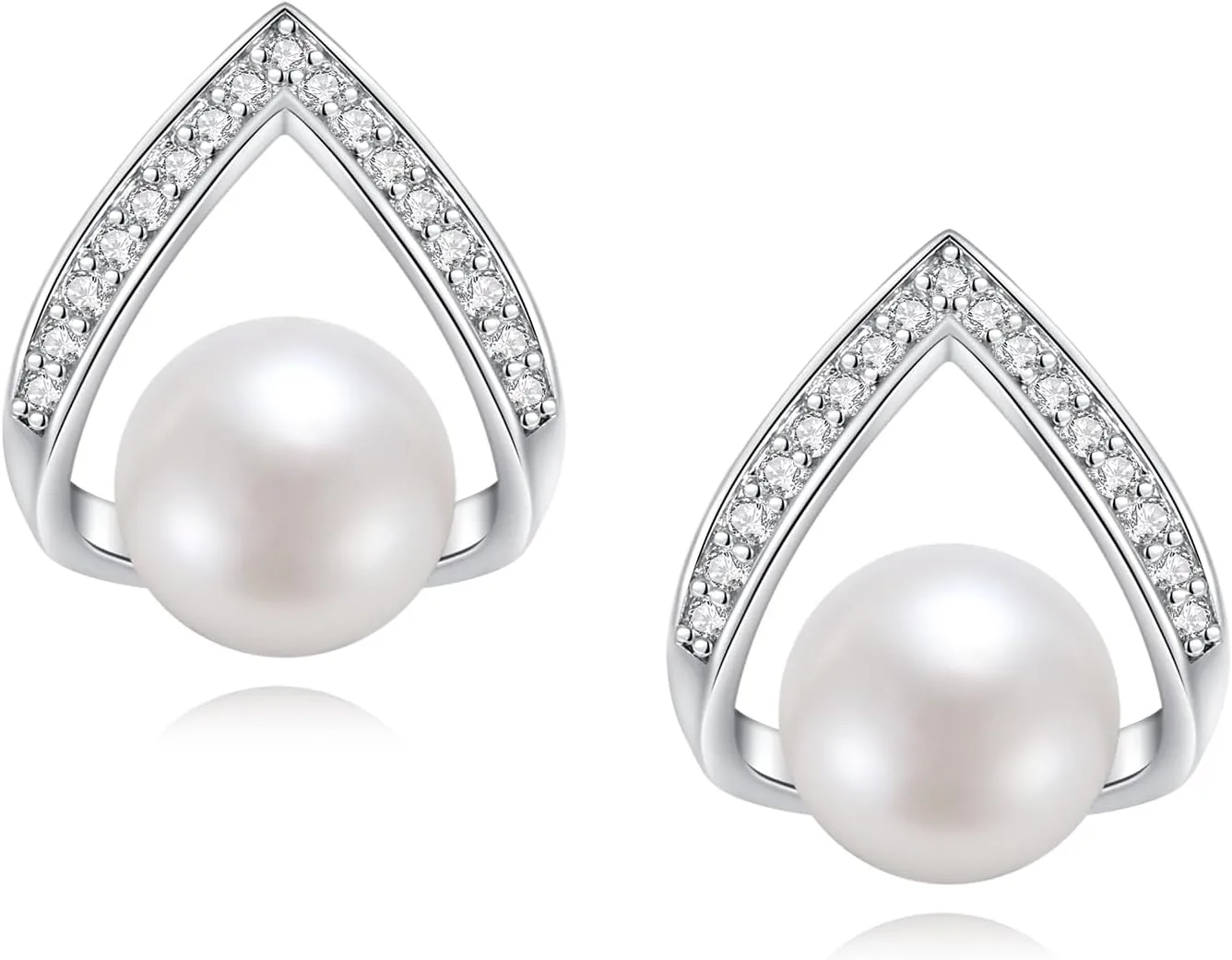 Pearl Earrings for Women, Freshwater/Saltwater Cultured Pearl, 925 Sterling Silver Earrings with Cubic Zirconia Diamonds, White Gold Plated, Anniversary Mother's Day Jewelry Gifts