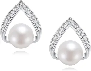 Pearl Earrings for Women, Freshwater/Saltwater Cultured Pearl, 925 Sterling Silver Earrings with Cubic Zirconia Diamonds, White Gold Plated, Anniversary Mother's Day Jewelry Gifts
