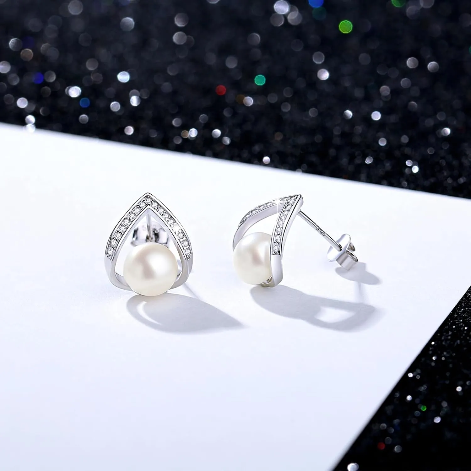 Pearl Earrings for Women, Freshwater/Saltwater Cultured Pearl, 925 Sterling Silver Earrings with Cubic Zirconia Diamonds, White Gold Plated, Anniversary Mother's Day Jewelry Gifts