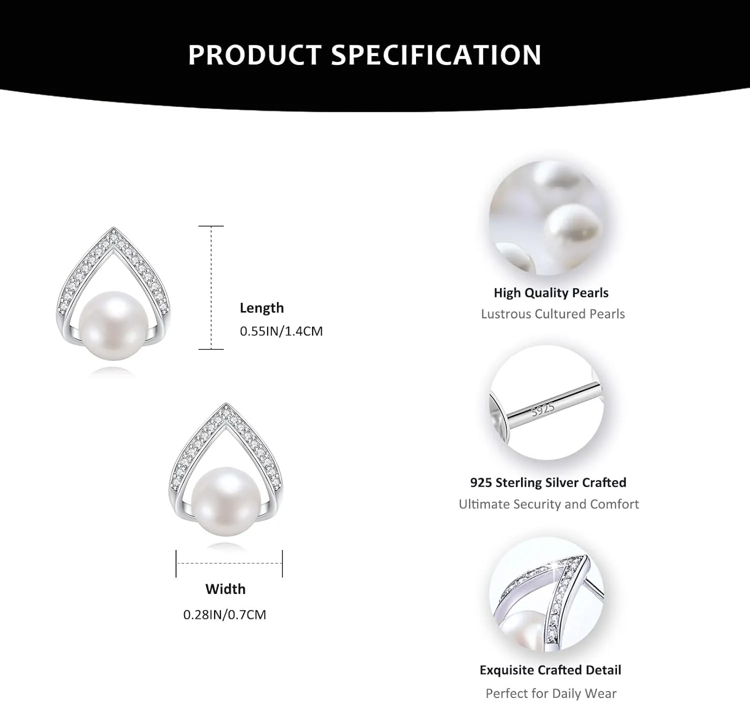 Pearl Earrings for Women, Freshwater/Saltwater Cultured Pearl, 925 Sterling Silver Earrings with Cubic Zirconia Diamonds, White Gold Plated, Anniversary Mother's Day Jewelry Gifts