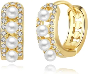 Pearl Hoop Earrings for Women, 18K Gold Plated Small Gold Hoop Earrings, Trendy Hypoallergenic Pearl Huggie Hoops Stud