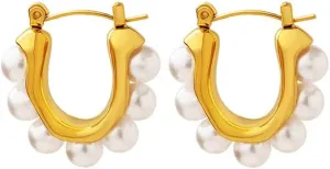 Pearl Hoop Earrings for Women Trendy, Gold Plated Pearl Huggie Hoop Earring, Lightweight Hypoallergenic Hoop Statement Earrings Small Hoop Earrings