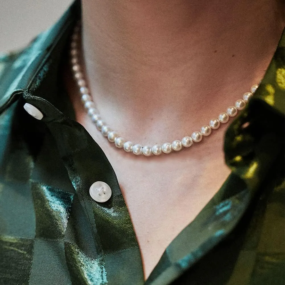 Pearl Necklace for Men,Mens Pearl Necklace,6mm 8mm White Pearl Choker Necklaces 16 18 20 22 24 inches