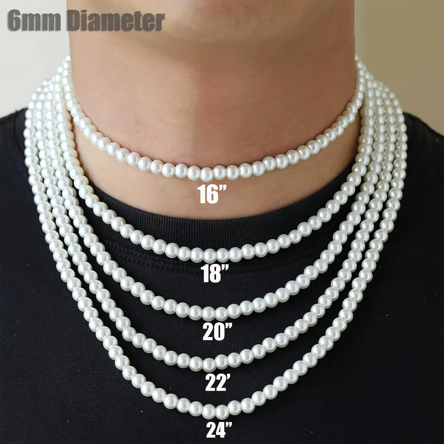 Pearl Necklace for Men,Mens Pearl Necklace,6mm 8mm White Pearl Choker Necklaces 16 18 20 22 24 inches