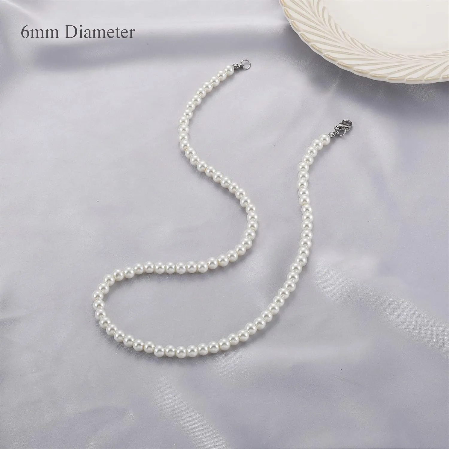 Pearl Necklace for Men,Mens Pearl Necklace,6mm 8mm White Pearl Choker Necklaces 16 18 20 22 24 inches