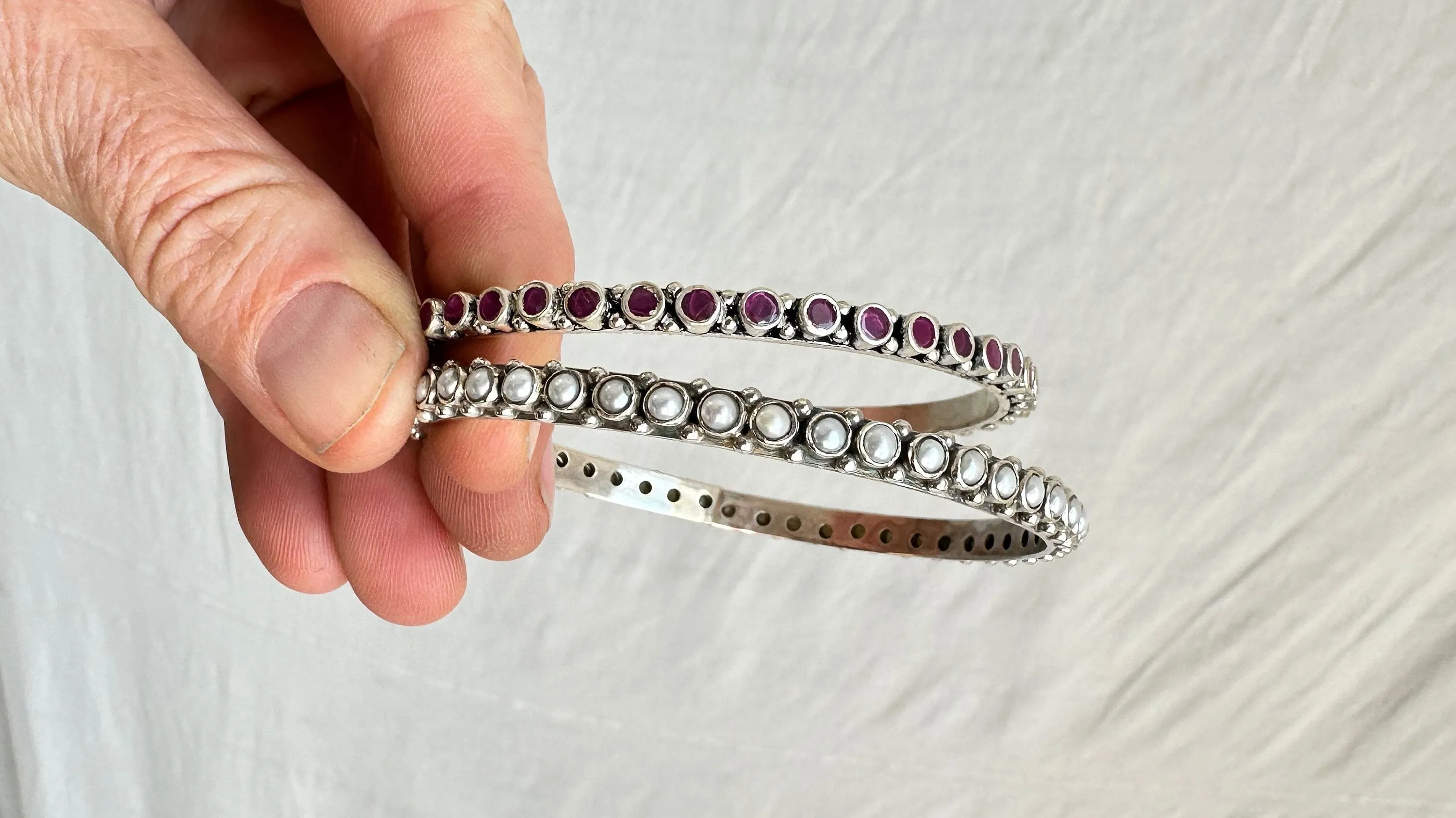 Pearl, Ruby & Sterling Silver Bangles Duo. India. 1087