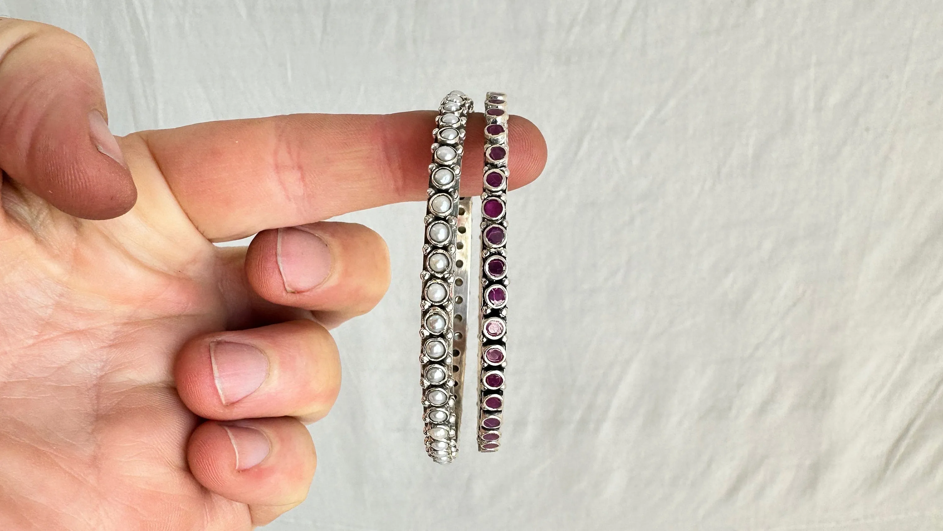 Pearl, Ruby & Sterling Silver Bangles Duo. India. 1087