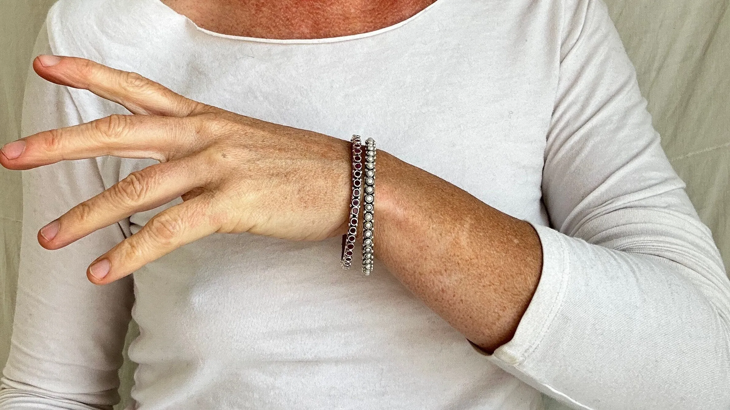 Pearl, Ruby & Sterling Silver Bangles Duo. India. 1087