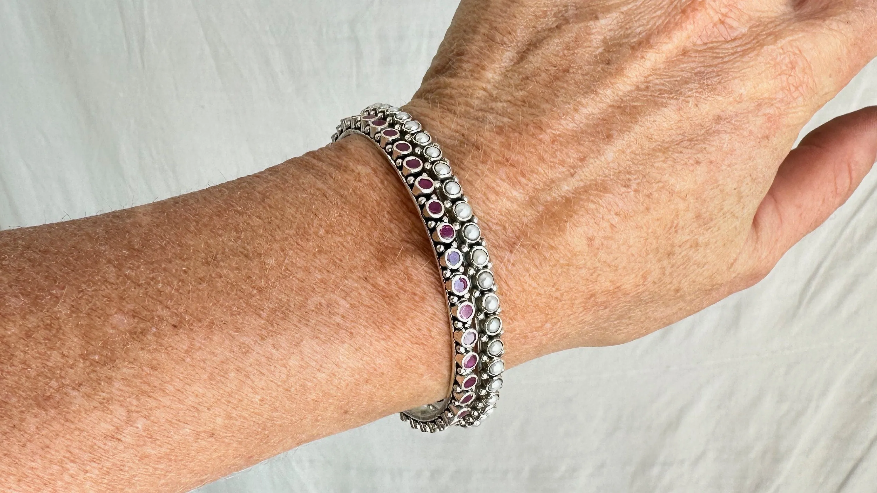 Pearl, Ruby & Sterling Silver Bangles Duo. India. 1087