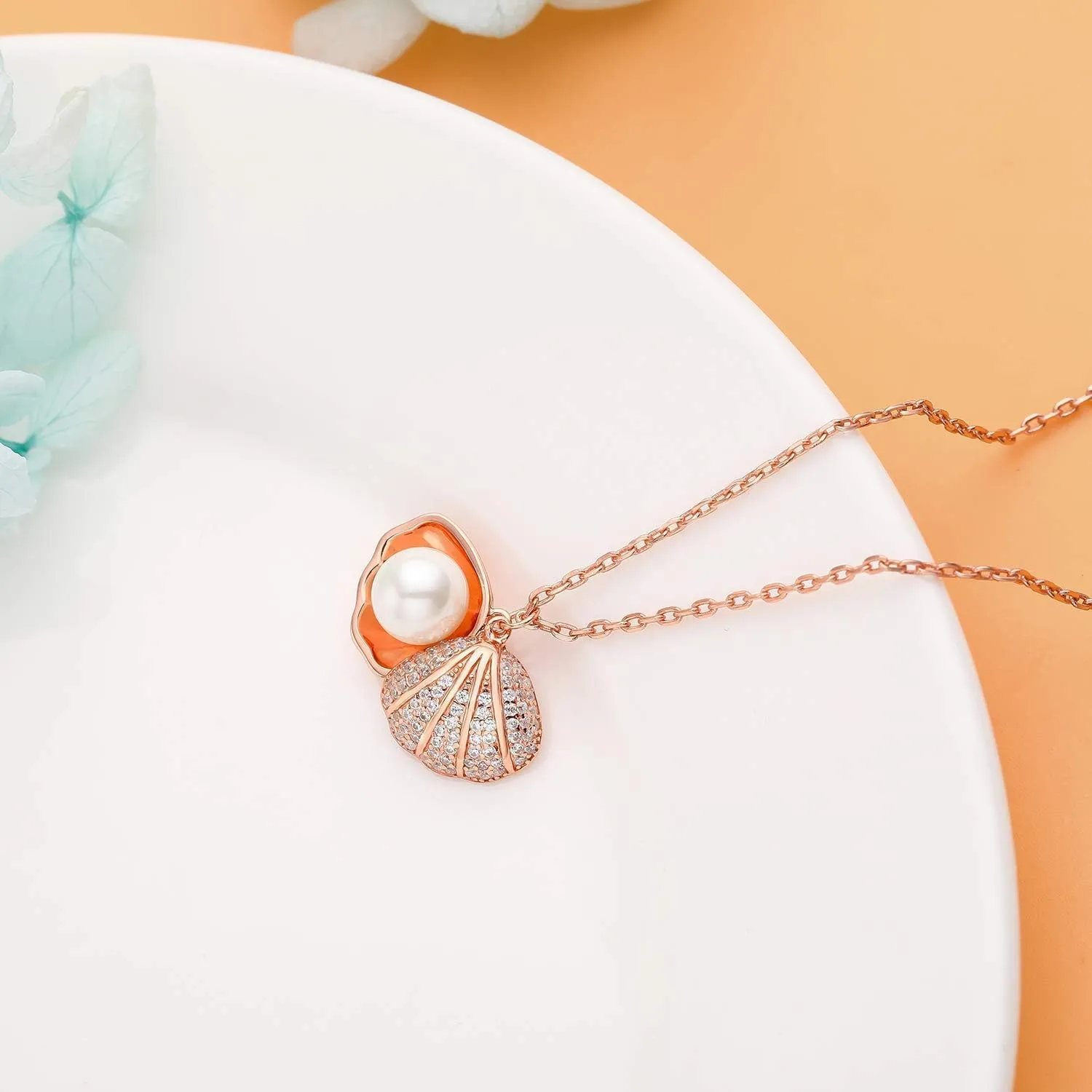 Pearl Seashell Necklace, Freshwater Cultured Pearl Necklace for Womens, Genuine Pearl, Sterling Silver