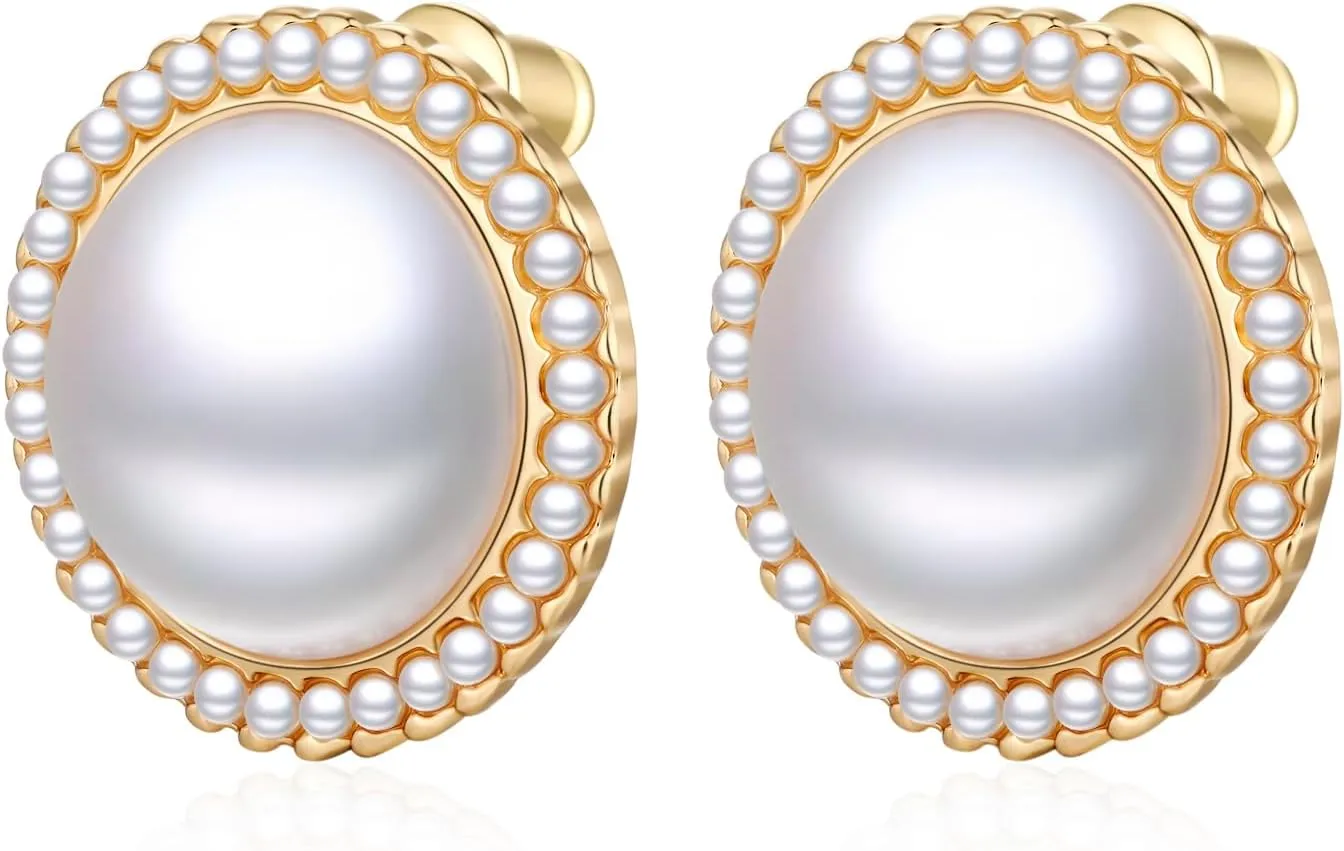 Pearl Stud Earrings for Women, Faux Big Gold Pearl Earrings Studs, Dainty White Large Pearl Earrings