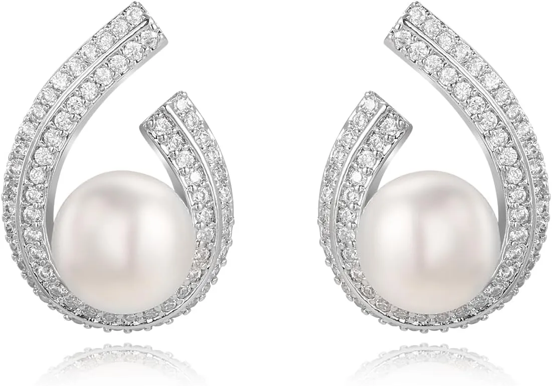 Pearl Stud Earrings for Women,Formal Brass Statement Round White Pearl Earrings For Party Prom Wedding
