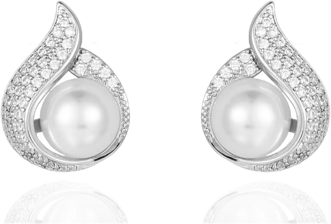 Pearl Stud Earrings for Women,Formal Brass Statement Round White Pearl Earrings For Party Prom Wedding