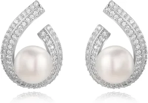 Pearl Stud Earrings for Women,Formal Brass Statement Round White Pearl Earrings For Party Prom Wedding