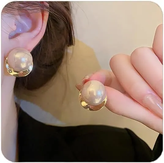 Pearl Stud Earrings for Women,Formal Gold Plated Brass Statement Simulated Large Big Round Pearl Earrings For Gift Party Prom Wedding