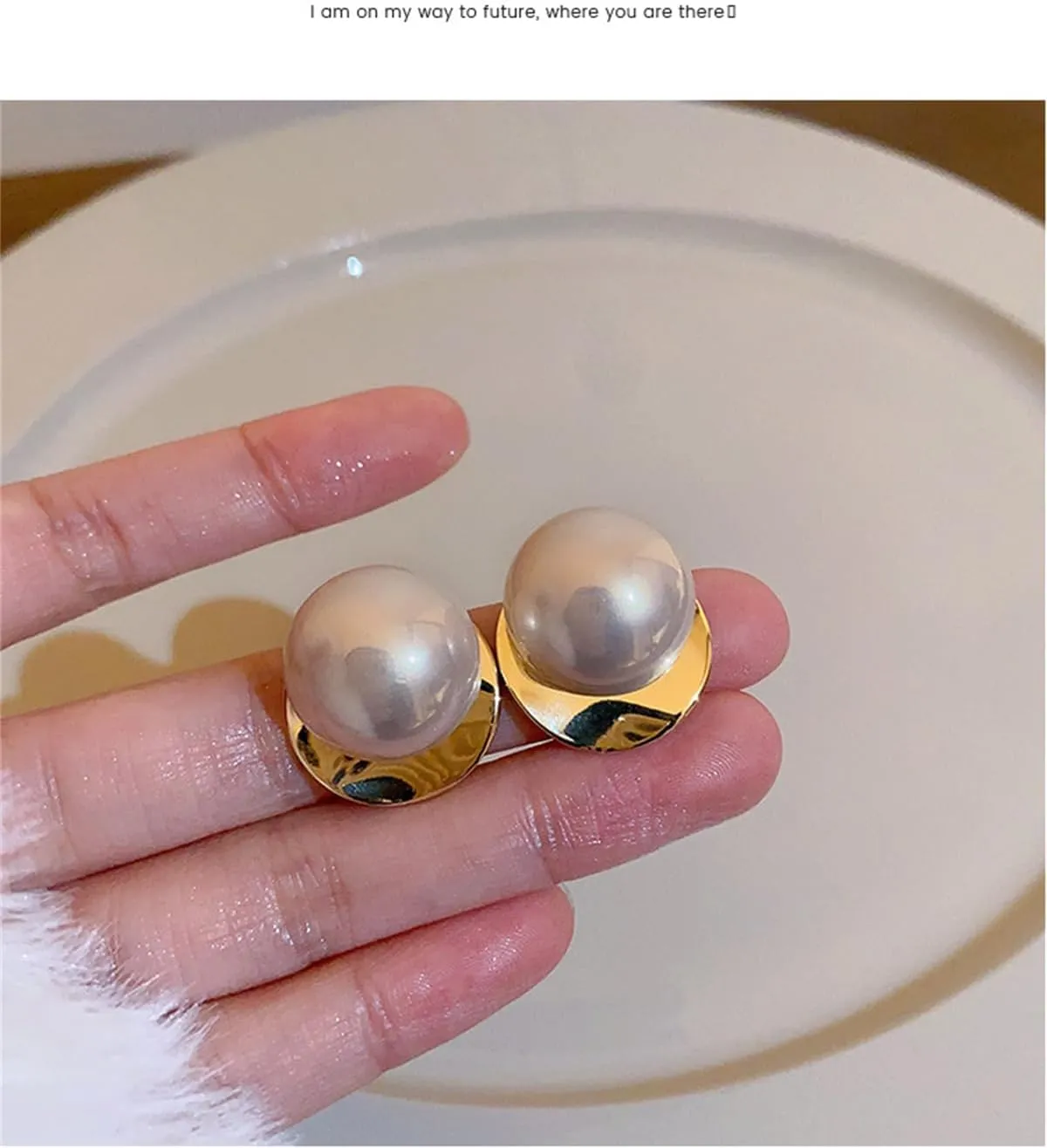 Pearl Stud Earrings for Women,Formal Gold Plated Brass Statement Simulated Large Big Round Pearl Earrings For Gift Party Prom Wedding
