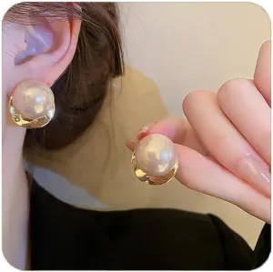 Pearl Stud Earrings for Women,Formal Gold Plated Brass Statement Simulated Large Big Round Pearl Earrings For Gift Party Prom Wedding
