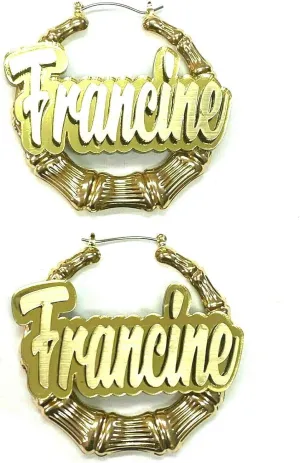 Personalized Custom Gold Hoop Bamboo Earrings Name Plate Laser Cut Gold Script Cursive Letters Design Stunning Look - Quality, Attractive Gold Bamboo Earrings, Made To Order - 1.5, 2.5, 3.5" Size Choice