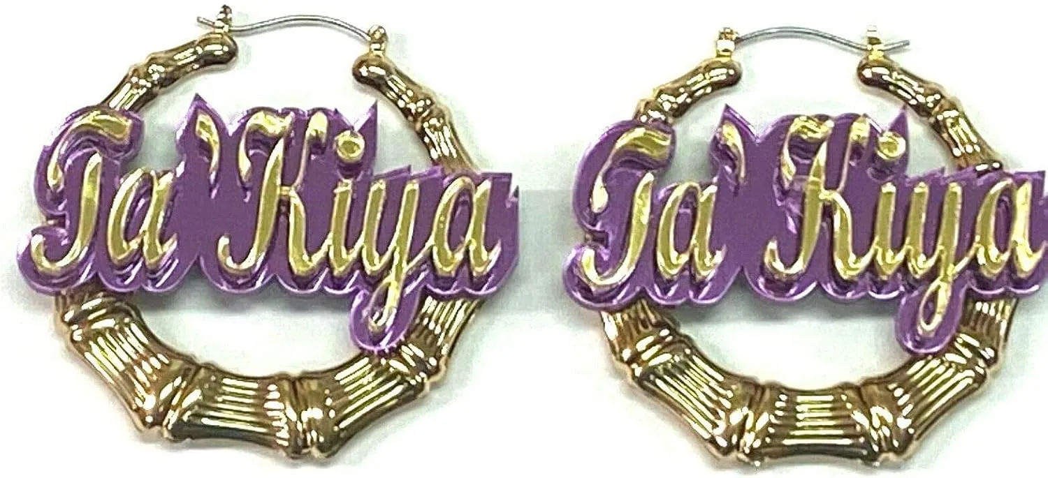 Personalized Custom Gold Hoop Earrings Script Name Plate Laser Cut Design Stunning Look - Quality, Attractive Gold Bamboo Earrings, Made To Order - 2.5 INCHES size