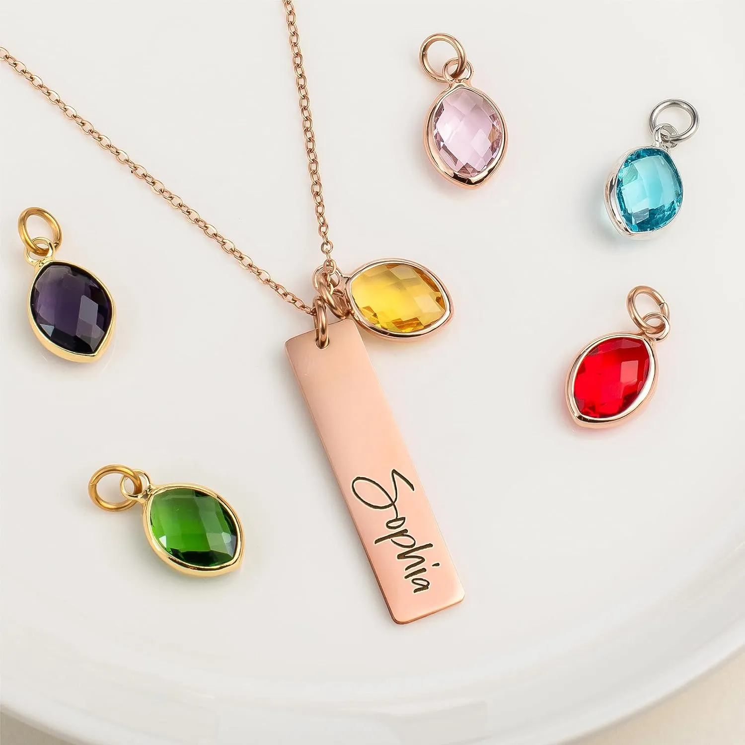 Personalized Name Necklace with Name and Birthstones, Custom Two Rectangular Pendants with Name and Birthstones, Birthday Gifts for Women, Mom, Girls - Rose Gold Two Bars