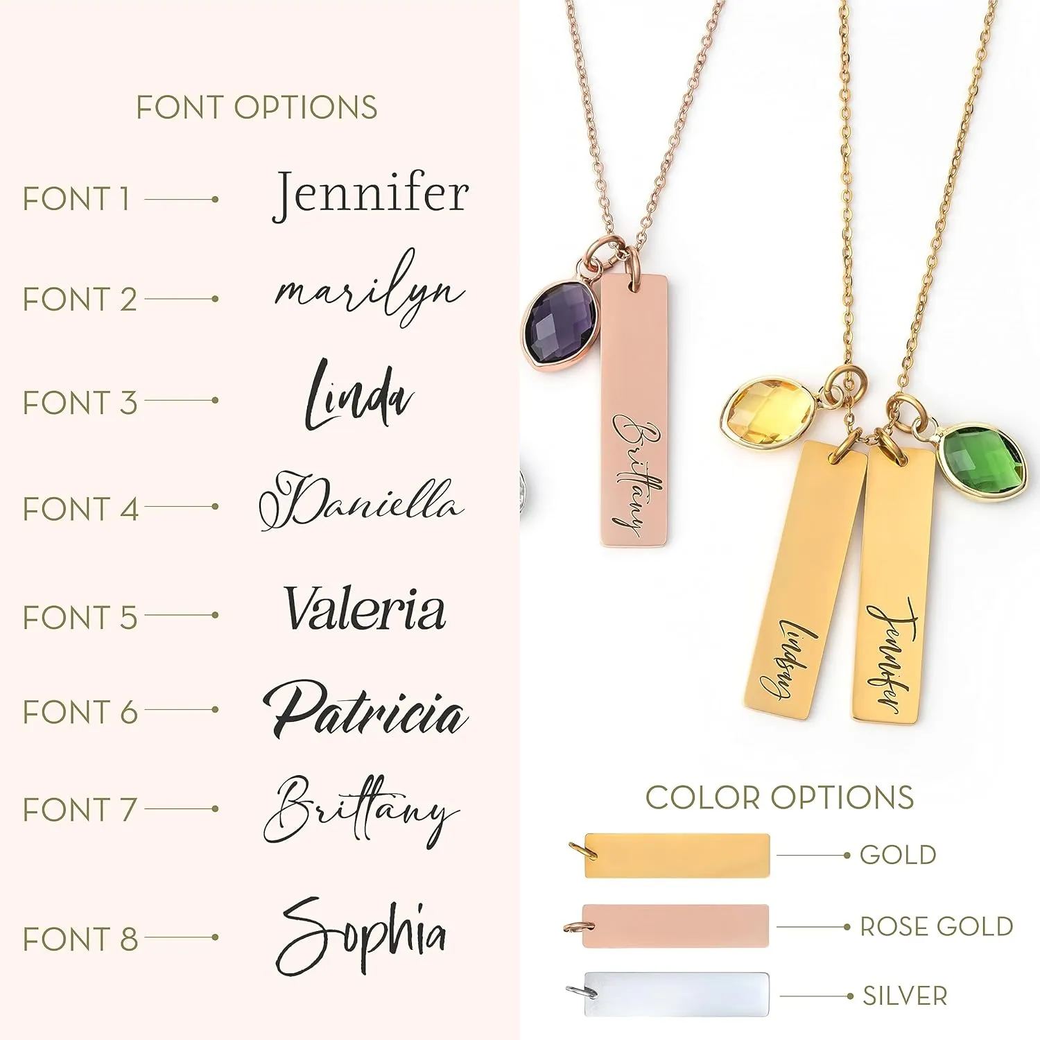 Personalized Name Necklace with Name and Birthstones, Custom Two Rectangular Pendants with Name and Birthstones, Birthday Gifts for Women, Mom, Girls - Rose Gold Two Bars