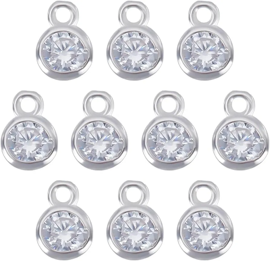 PH PandaHall 10Pcs 925 Sterling Silver Charm Pendant Cubic Zirconia Charm Flat Round Charms Gemstone Pendants 4x5.5mm Silver Charms Metal Charms for Necklace Bracelet Earring Jewelry Making