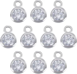 PH PandaHall 10Pcs 925 Sterling Silver Charm Pendant Cubic Zirconia Charm Flat Round Charms Gemstone Pendants 4x5.5mm Silver Charms Metal Charms for Necklace Bracelet Earring Jewelry Making