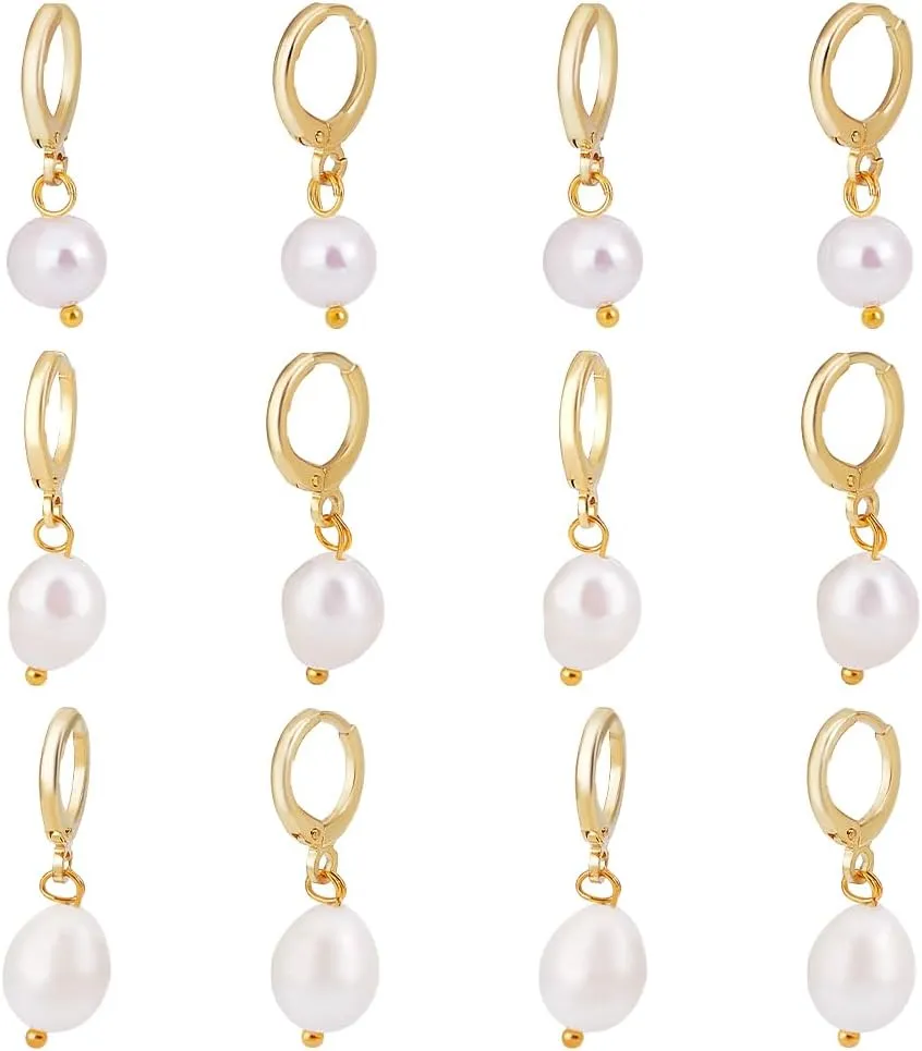 PH PandaHall 12Pcs Natural Pearl Earrings with 18k Gold Small Hoop 3 Styles Pearl Drop Dangle Earrings Gold Hoop Earrings Dangle Small Hoop Earrings for Women