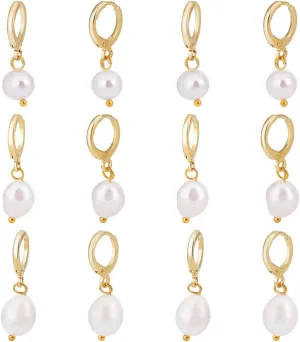 PH PandaHall 12Pcs Natural Pearl Earrings with 18k Gold Small Hoop 3 Styles Pearl Drop Dangle Earrings Gold Hoop Earrings Dangle Small Hoop Earrings for Women