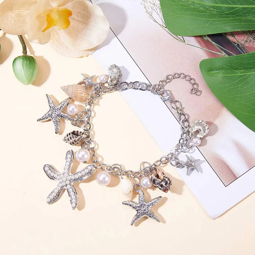PH PandaHall Starfish Shell Anklet Bracelets, 7" Mermaid Bracelets Conch Starfish Pearl Anklet Bracelet Charm Bohemian Adjustable Shell Bracelet Mermaid Costume Jewelry for Women Christmas, Silver