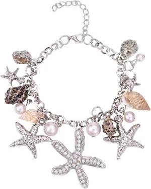 PH PandaHall Starfish Shell Anklet Bracelets, 7" Mermaid Bracelets Conch Starfish Pearl Anklet Bracelet Charm Bohemian Adjustable Shell Bracelet Mermaid Costume Jewelry for Women Christmas, Silver