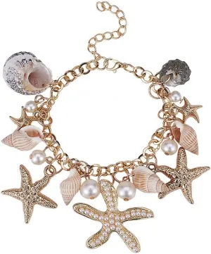 PH PandaHall Starfish Shell Bracelets Mermaid Beach Jewelry Conch Starfish Anklet Bracelet Charm Women Bohemian Adjustable Seashell Bracelet Costume Jewelry for Women, Golden(7 with 2 Extend Chain)