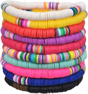 Pingyongchang 10 Pcs Friendship Bracelets Boho 6MM Beades Bracelet for Women Polymer Clay Rainbow Bracelet Elastic Rope Bracelet Set Summer Beach Jewelry