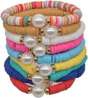 Pingyongchang 10 Pcs Friendship Bracelets Boho 6MM Beades Bracelet for Women Polymer Clay Rainbow Pearl Bracelet Elastic Rope Heishi Bracelet Set Summer Beach Jewelry