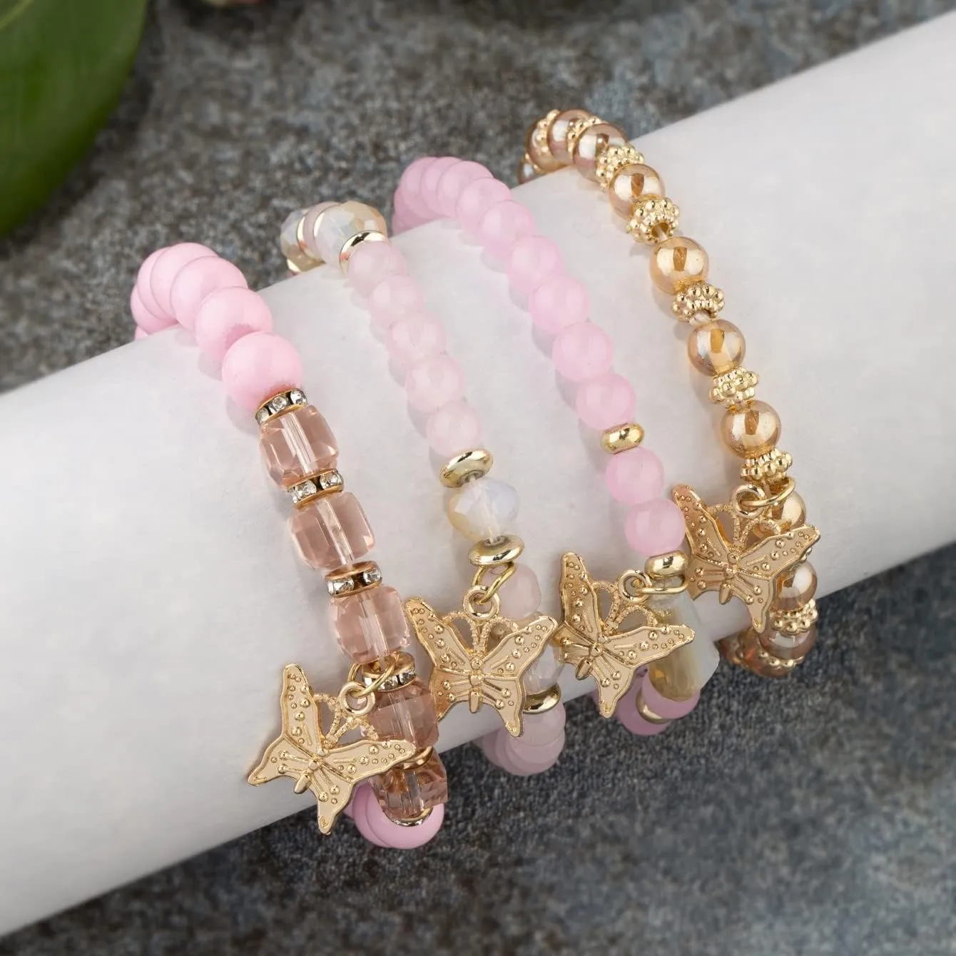 Pingyongchang Bohemian Bracelets for Women Boho Multi-Layer Gold Beaded Stackable Stretch Bracelet Set Handmade Multicolor Butterfly Elastic Colorful Charm Bracelets Jewelry