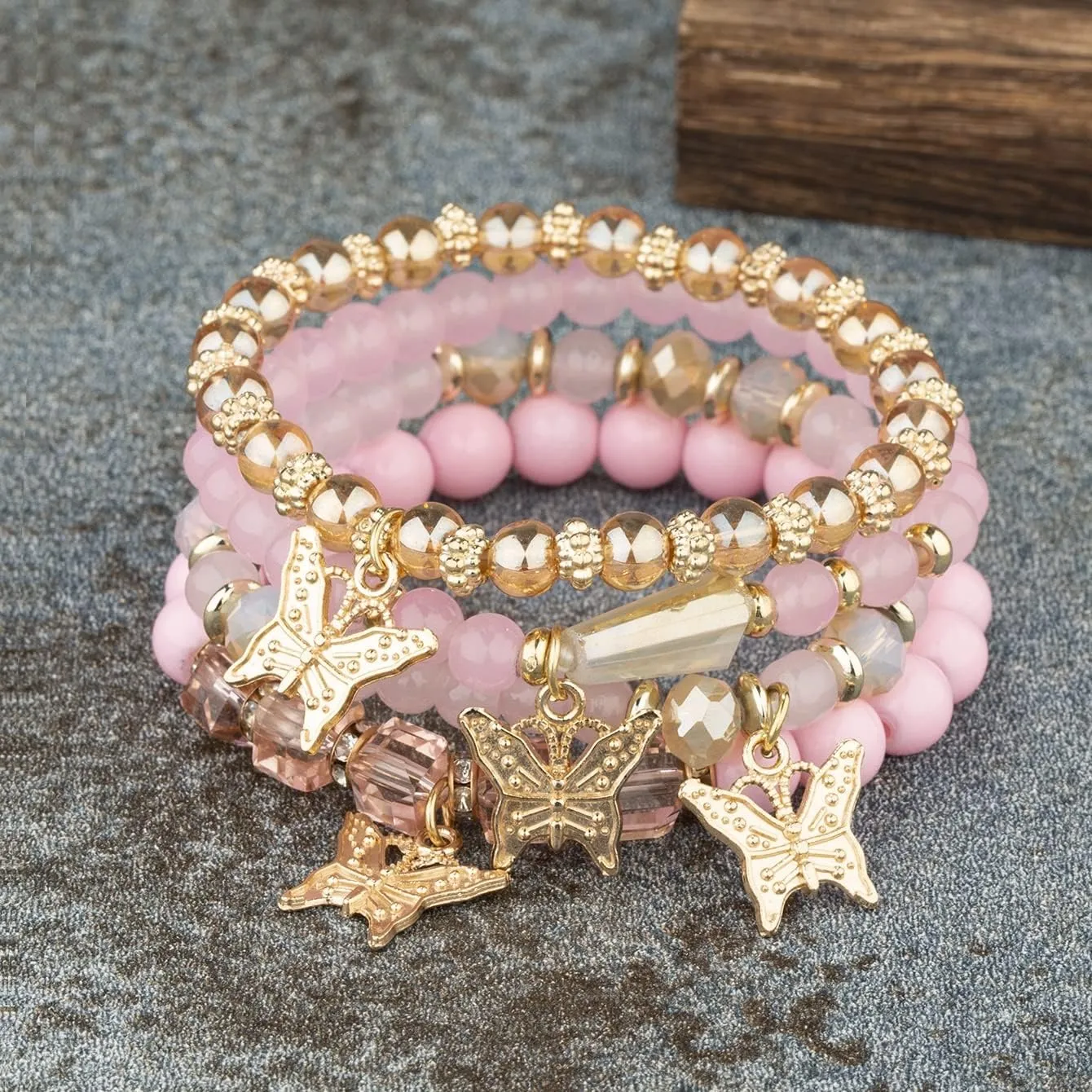 Pingyongchang Bohemian Bracelets for Women Boho Multi-Layer Gold Beaded Stackable Stretch Bracelet Set Handmade Multicolor Butterfly Elastic Colorful Charm Bracelets Jewelry